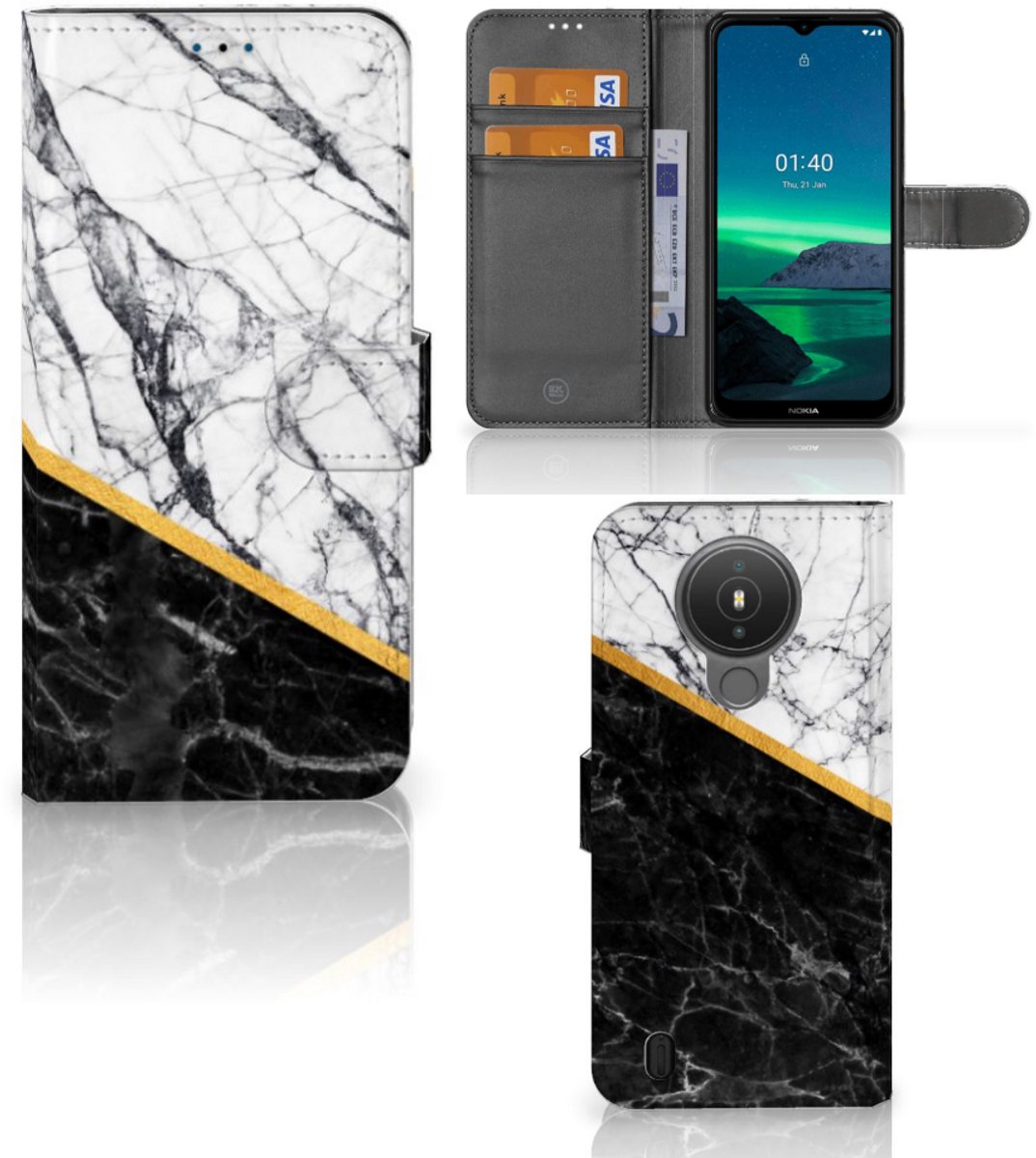 Nokia 1.4 Bookcase Marmer Wit Zwart - Origineel Cadeau Man