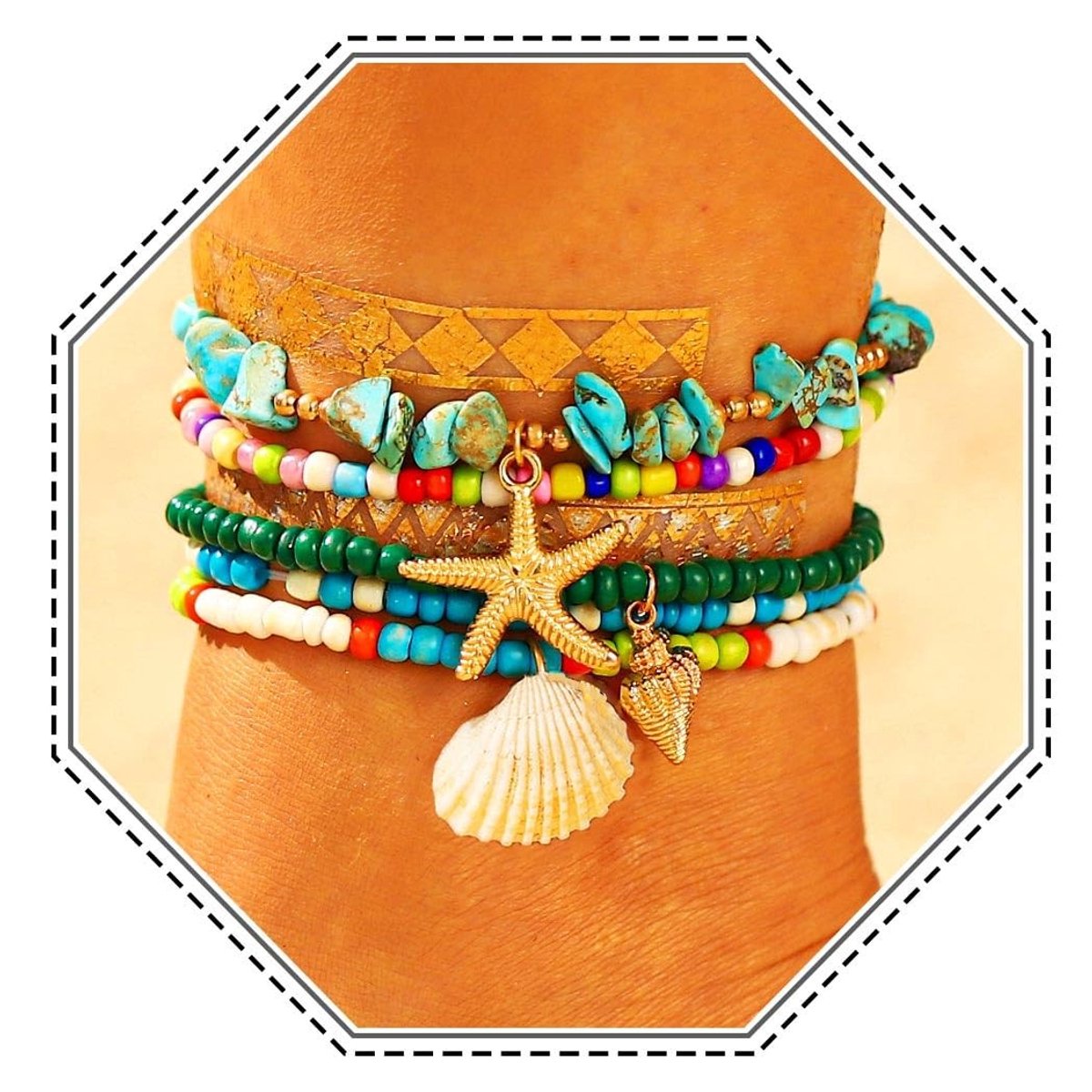 Cosensi - Boho Layered Starfish Anklets - Beach Accessoire - Kleurrijk - Enkelsieraden - Perfect voor Feestjes - Charmante Voetjuwelen