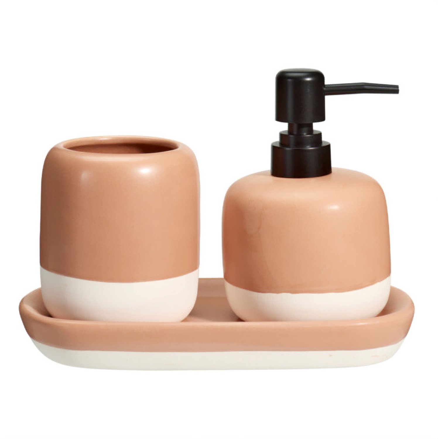 Bathroom Solutions - Zeepdispenser en tandenborstelbeker op keramisch dienblaadje THE PASTELS