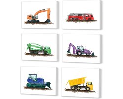 YIMEHDAN Aquarel Truck Wall Art Print- Speelkamer of Kinderkamer Jongen Slaapkamer Decor-Kleurrijke Cartoon Bouw Auto Canvas Print (Set van 6) - Ingelijst - 22,5 x 25,5 cm