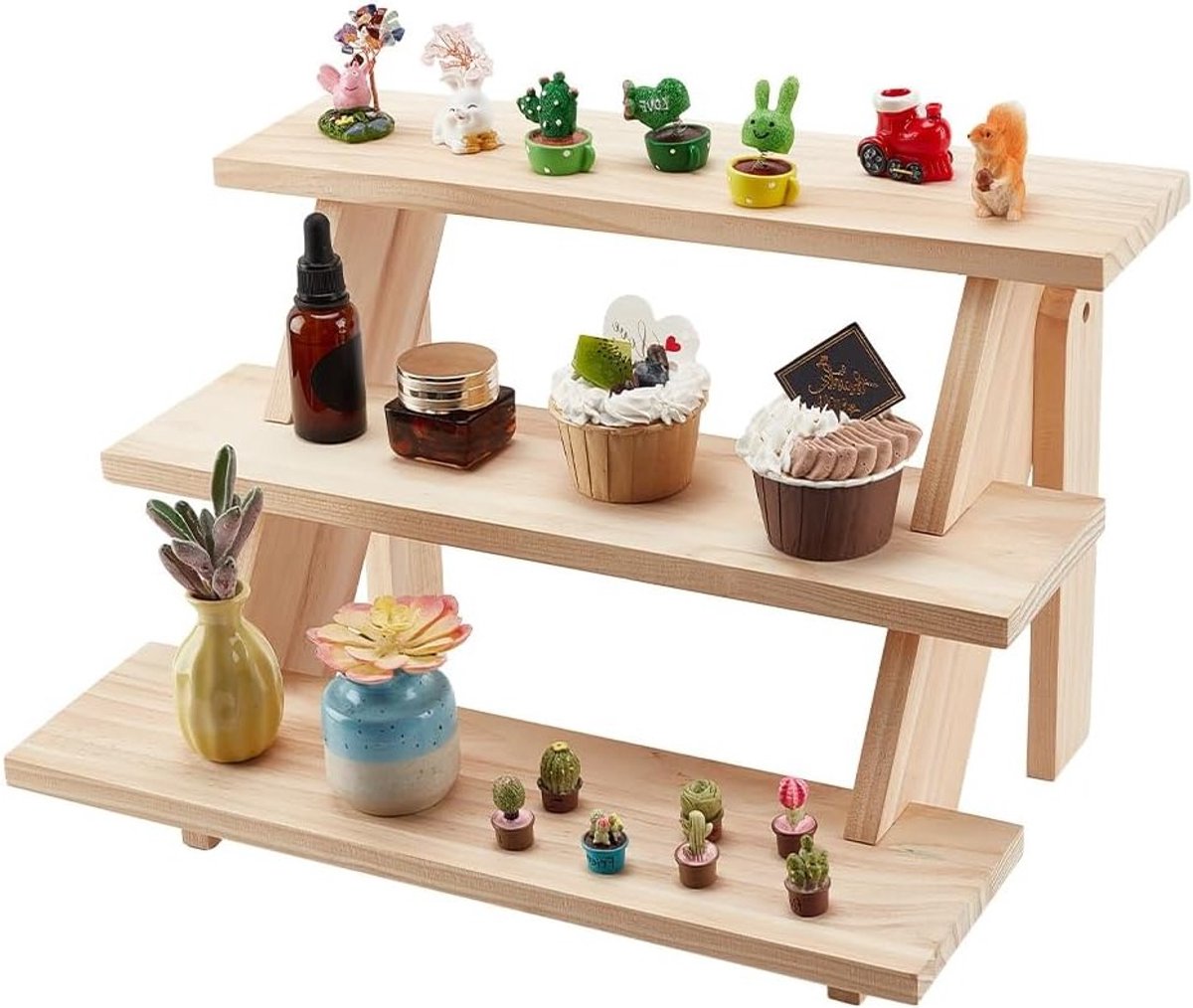 Drie-laagse houten cupcake standaard voor verkoop, decoratie en presentatie van snoep, sieraden en figuren