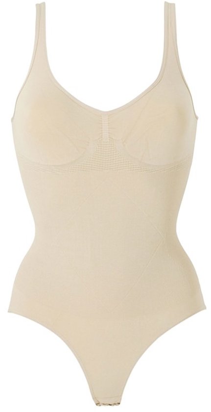 Een beige corrigerende body met gedessineerd detail op de buik, van voren gefotografeerd.