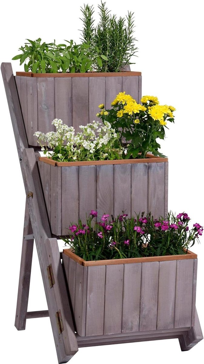 dobar 29252e uitklapbare plantentrap voor individuele vormgeving, bloementrap met 3 aparte plantenbakken incl. plantenfolie, 41 x 55 x 85 cm, grijs, grenen