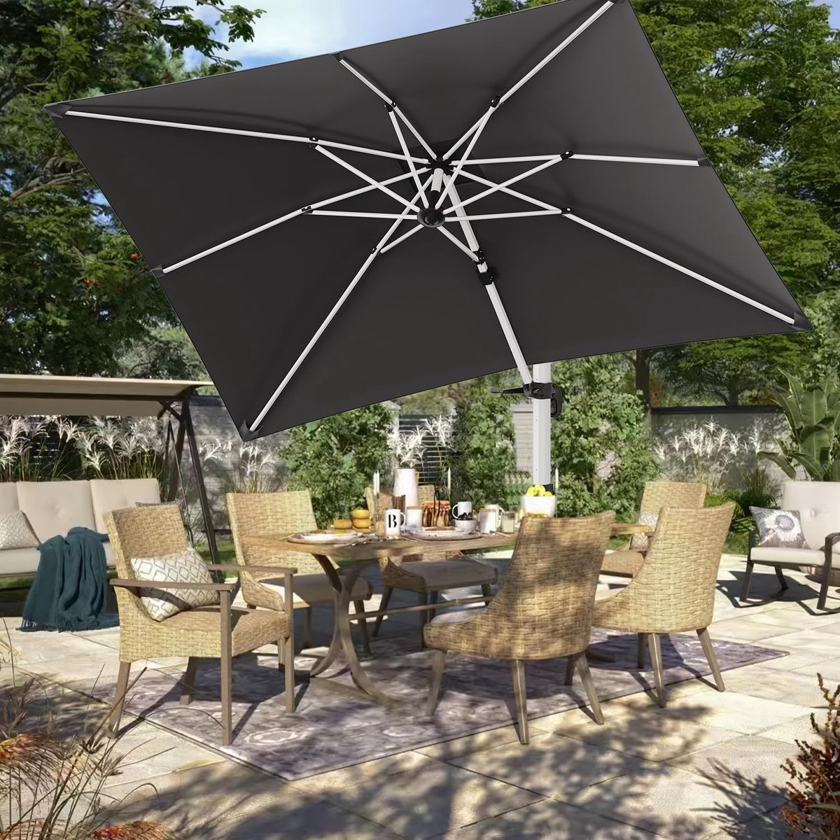 Valencia Grand XXL 360° Zweefparasol 300 x 400 cm – Luxe Rechthoekige Hangparasol met Kantelfunctie, Voetpedaal en Beschermhoes – Grijs