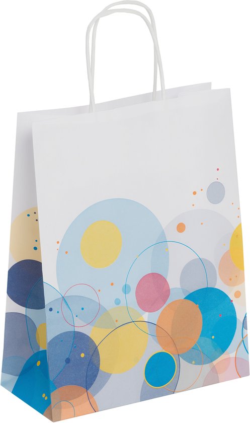 Witte papieren draagtas met veelkleurige bubbels en cirkels in blauw, geel, roze en oranje. Gedraaide witte handvatten. Geïsoleerd op een witte achtergrond.
