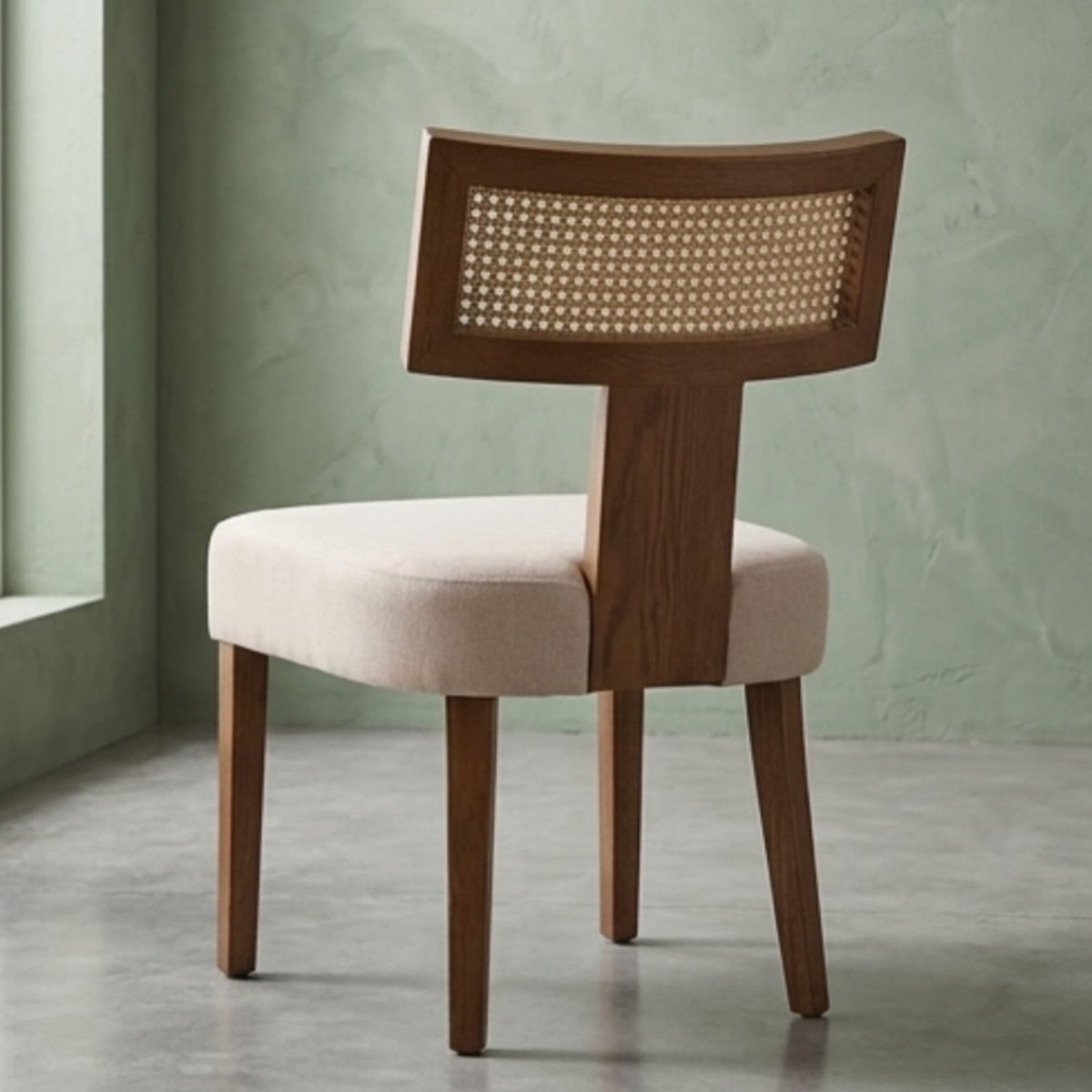 Eetkamerstoelen set van 2 57 x 52 x 86 cm – Houten stoelen met rotan rugleuning en gestoffeerde linnen zitting, keukenstoelen / dining chairs beige – Urbanhome