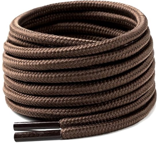 Een opgerolde bundel donkerbruine veters met een gevlochten patroon en zwarte aglets.