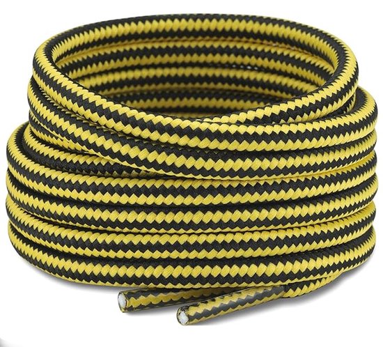 Een rol met ronde, geel-zwarte zigzag-patroon veters. De uiteinden zijn zichtbaar.