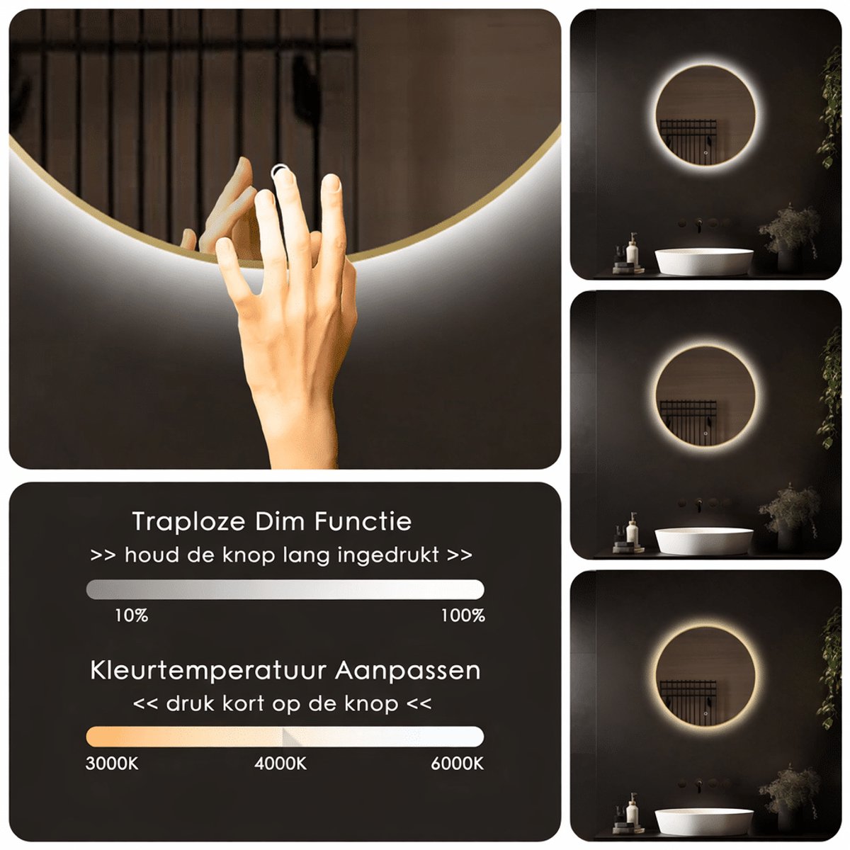 LoXa - Ronde Badkamerspiegel Aurora met LED 80cm - Gouden omlijsting - Dimbaar - Condensvrij vlak - IP44 - Duurzame kwaliteit