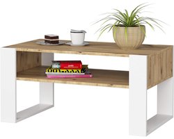 AKORD Coffee table Wood DOMI with a shelf | 92x45x53cm | For living room | Bedroom Cabinet | Minimalist Modern Design | Slatplate 16mm | Artisan Oak & White Front