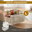 Grote opbergmand wit met houten handvatten, gevuld met boodschappen.  L staat voor Large.