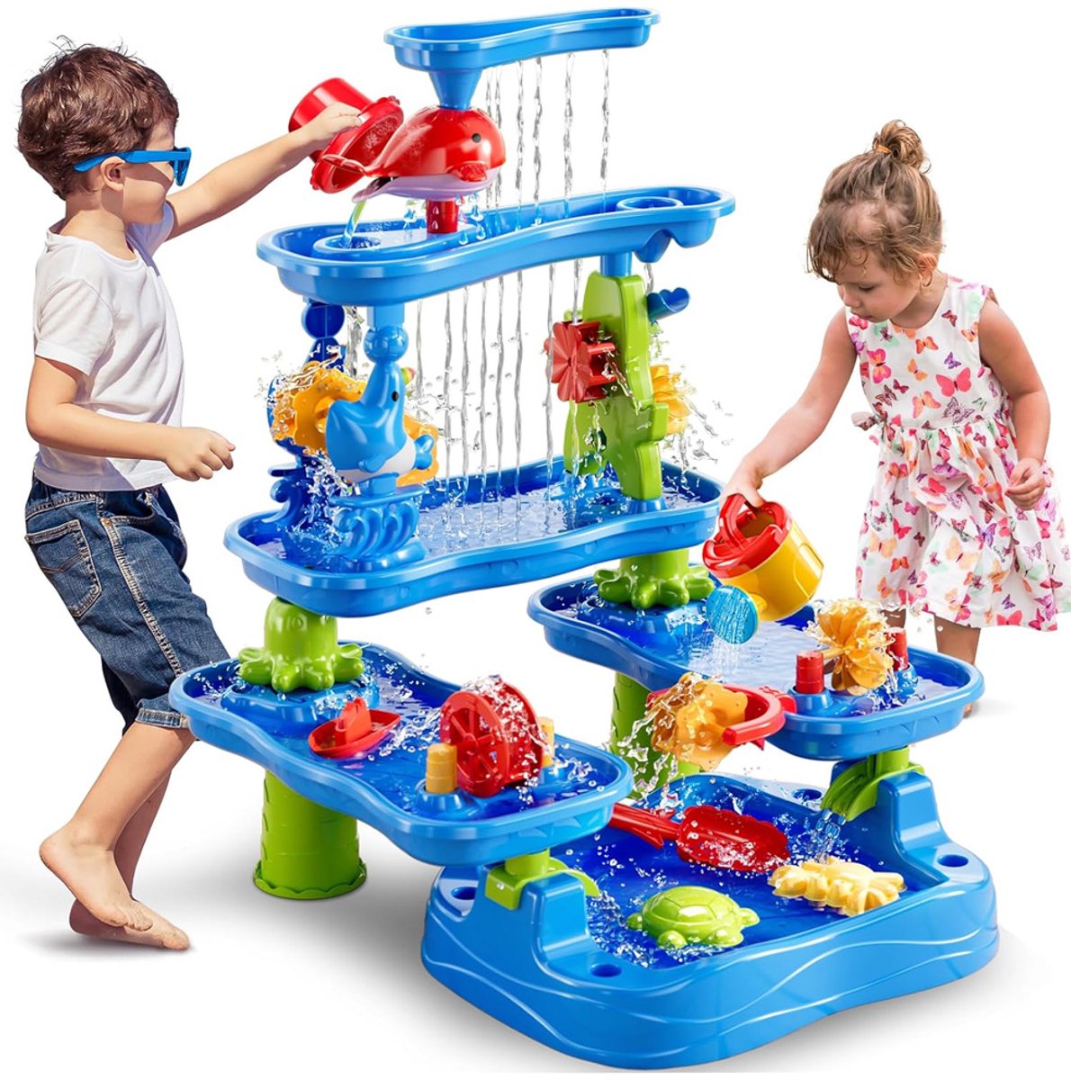 Kiddel XXL Watertafel/Zandtafel Kind – 4in1 Speeltafel – 4 Verdiepingen – Incl. Schepjes, Gietertjes & Zandvormpjes – Buitenspeelgoed — afbeelding 9