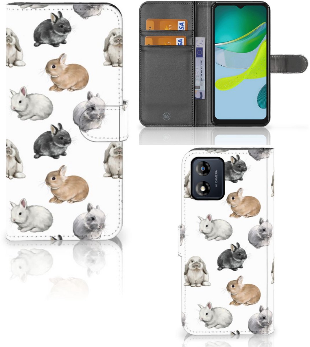 Telefoonhoesje met Pasjes voor Motorola Moto E13 4G Konijntjes