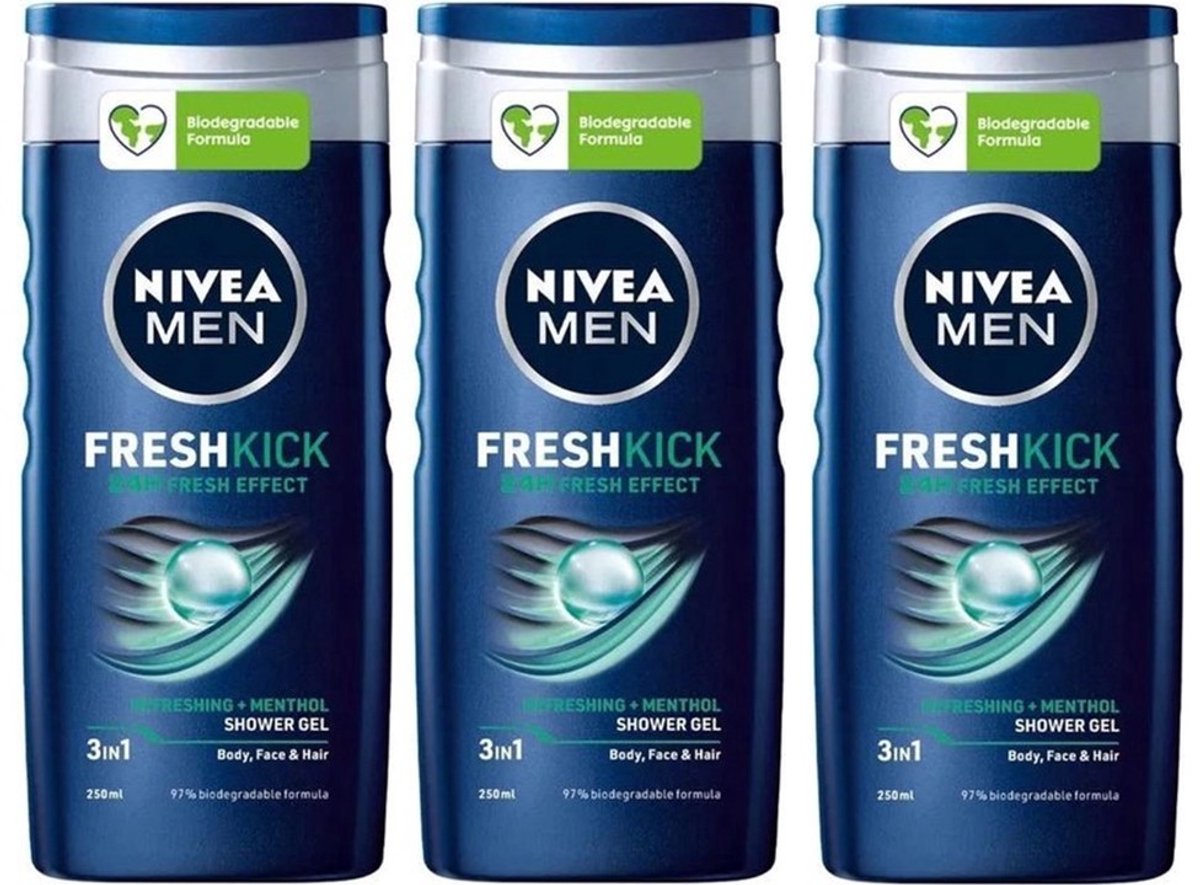 Nivea Men 3 in 1 Showergel - Fresh Kick - Voordeelverpakking 3 x 250 ml