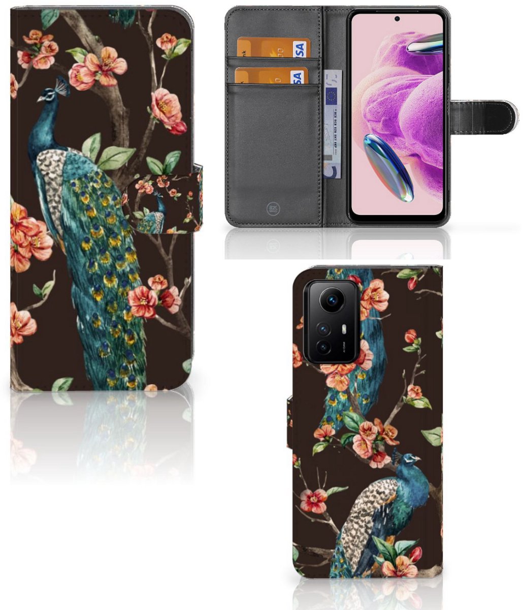 Xiaomi Redmi Note 12S Telefoonhoesje met Pasjes Pauw met Bloemen