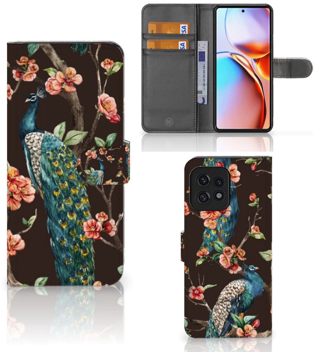 Motorola Edge 40 Pro Telefoonhoesje met Pasjes Pauw met Bloemen