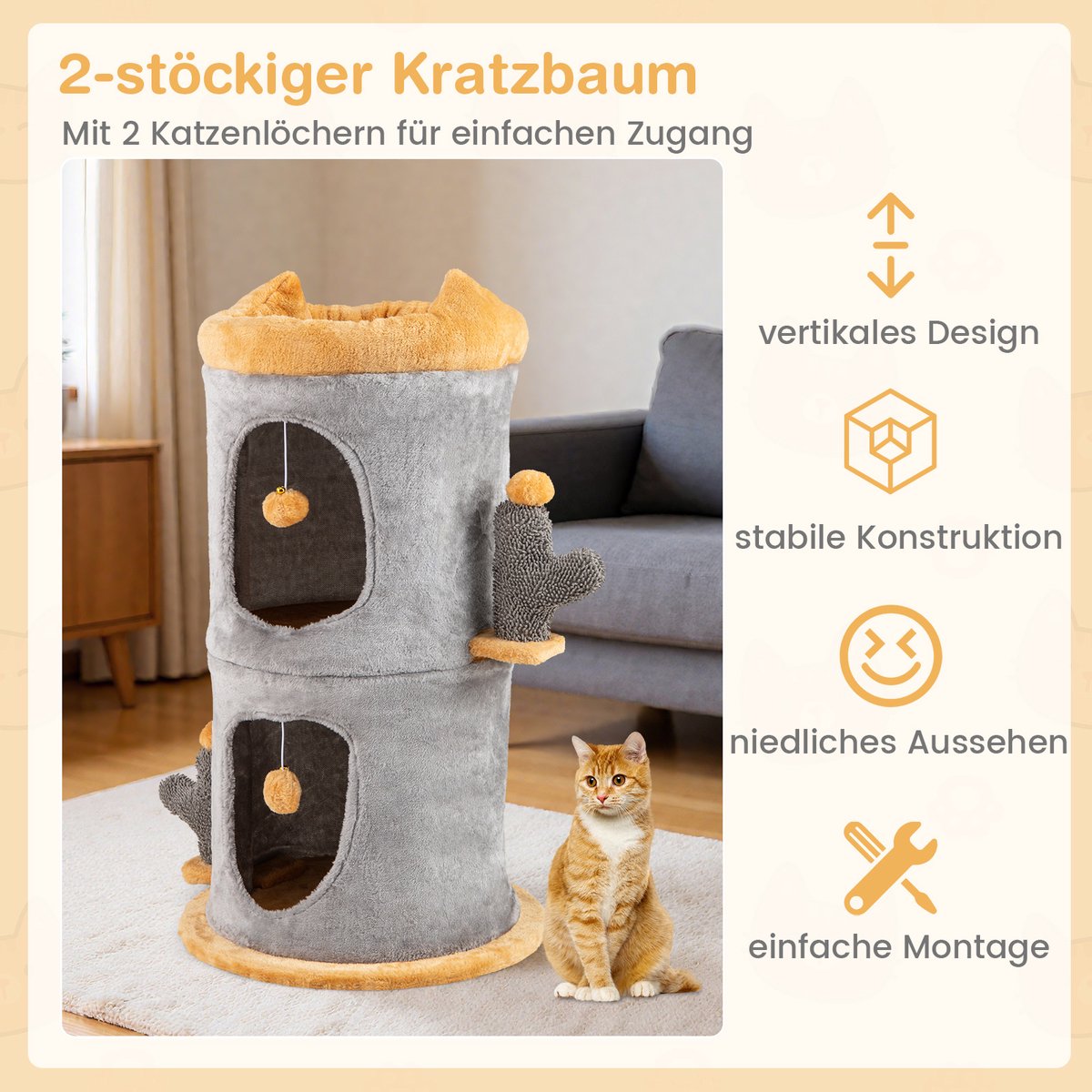 COSTWAY Krabton kattenton, speelton met 2 kattenholletjes, apart design, kattenbed, 2 ballen en palen, kattenhuis voor katten, Ø48 x 83 cm, kattenkrabpaal, kattenboom, grijs – foto 7