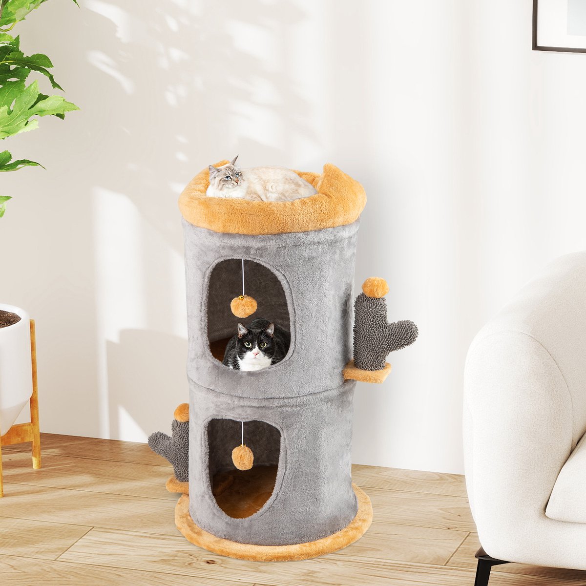 COSTWAY Krabton kattenton, speelton met 2 kattenholletjes, apart design, kattenbed, 2 ballen en palen, kattenhuis voor katten, Ø48 x 83 cm, kattenkrabpaal, kattenboom, grijs – foto 5