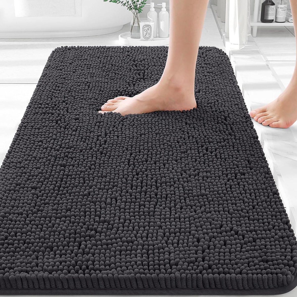Badkamermat Chenille - Badmat Zacht - Voeten Drogen - Hoogpolig Absorberend - 61 x 91 cm - Donkergrijs