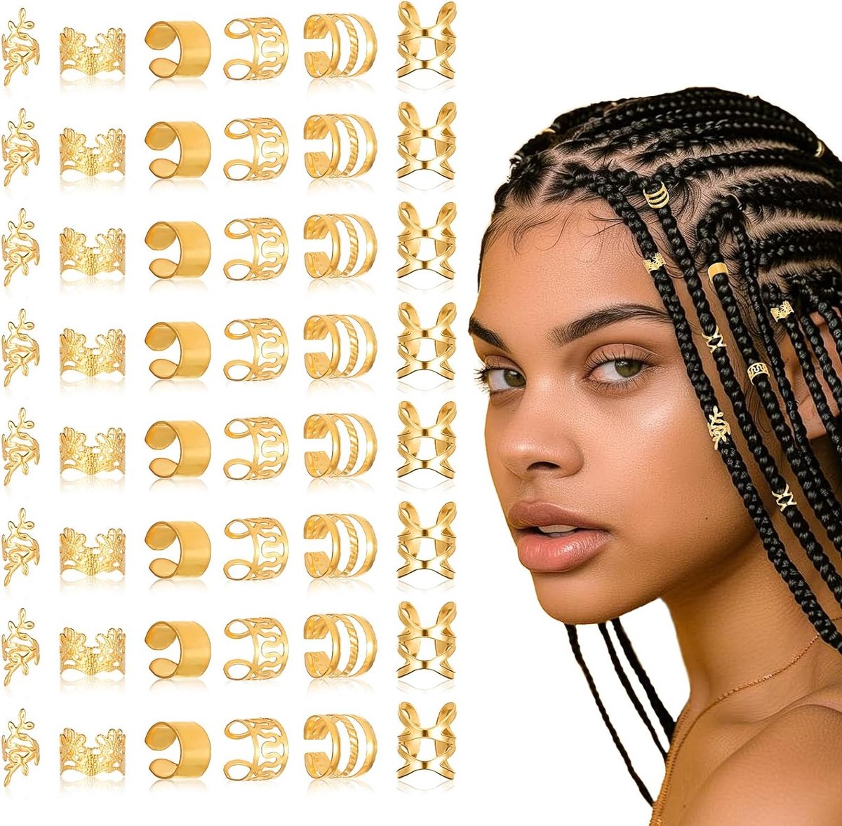 48 Stuks Gouden Haaraccessoires voor Dreadlocks en Vlechten - Haarspiralen, Clips en Metalen Cuffs voor Mannen en Vrouwen