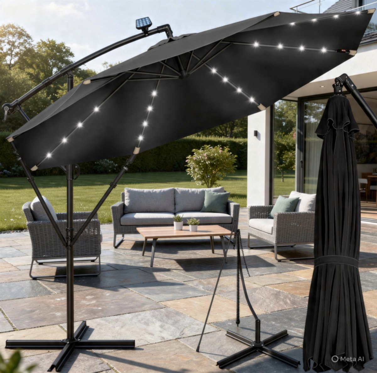 Zweefparasol Ø 300 cm met LED verlichting op zonne-energie, aluminium tuinparasol met voet & hoes, kantelbaar met zwengel, UV50+ waterafstotend – Nicolehome