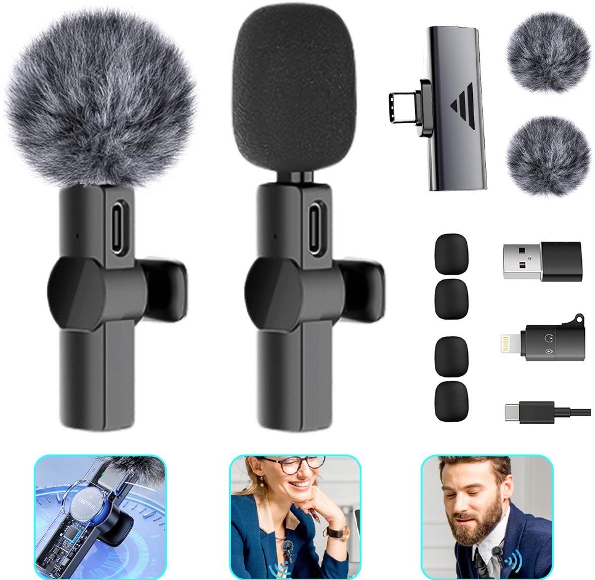Draadloze Microfoon - 2 Stuks - Microfoon Draadloos - Lavalier-Microfoon - Dasspeld - Voor video-opnames - Zwart