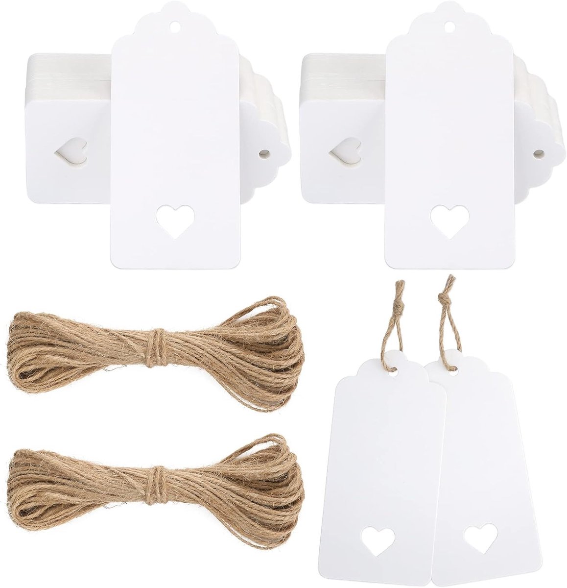 Pack van 100 Witte Cadeaulabels van Kraftpapier, 4.5 x 9.5 cm, Hartvormige Labels met Touw voor Bruiloften en Creatieve Projecten
