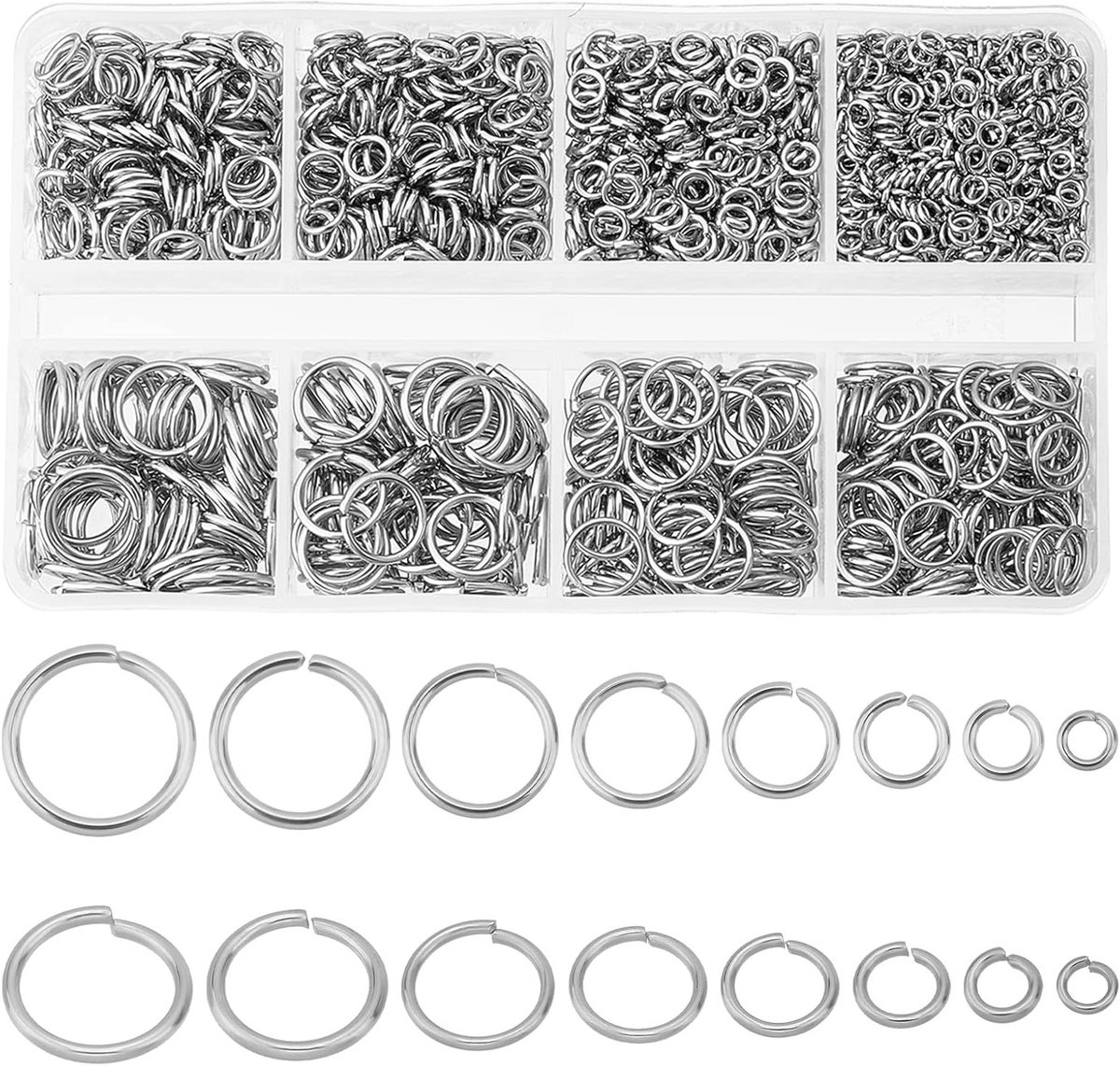 2280 Stuks Open Bend Ringen in 8 Maten van 304 Roestvrij Staal voor Sieraden, Verbinden van O-Ringen en Jump Ringen voor Oorbellen, Kettingen en Armbanden