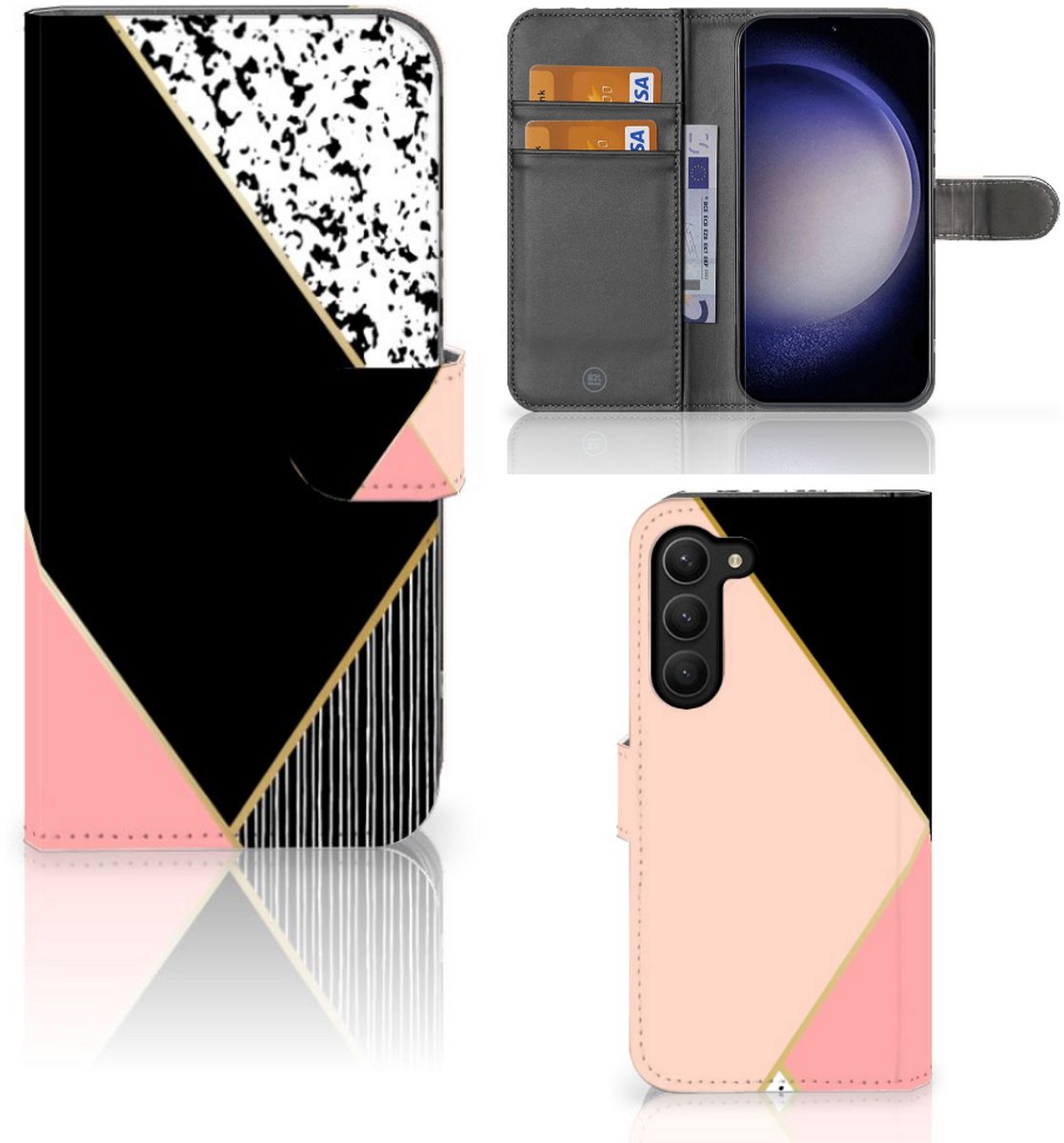 Boekhoesje voor Samsung Galaxy S23 Plus Book Case Zwart Roze Vormen