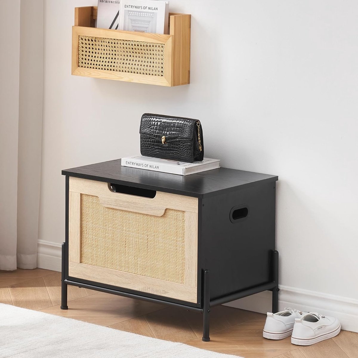 Rotan Opbergbank met Deksel en Veiligheidsscharnier - Opbergkist & Schoenbank voor Hal of Slaapkamer - 60 cm - Zwart & Eiken