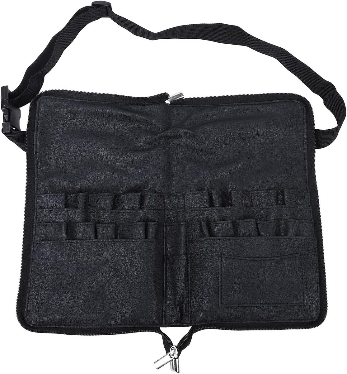 Draagbare Make-up Borstelhouder met 23 Vakken, Verstelbare Schouderband voor Make-up Artists en Beauticians, Duurzaam PU Materiaal, Zwart, 34 x 27 cm