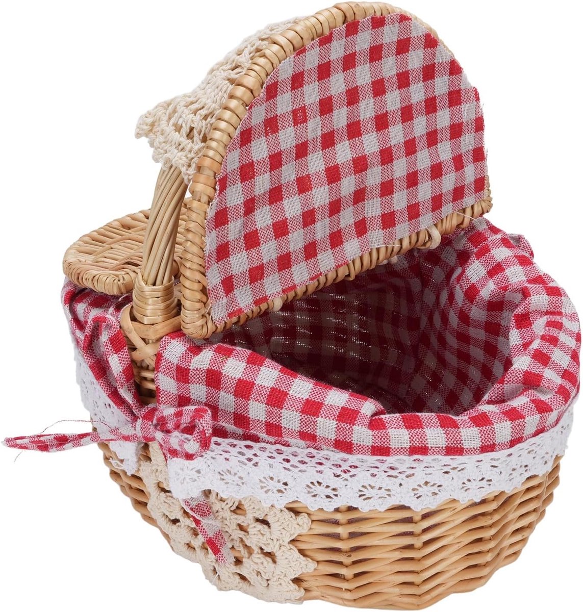 Picknickmand - Deksel met Dubbele Opening - Picknick Mandje - Boodschappenmand - Fruitmand - Winkelmand - Rieten Mand - Rode Plaid - 25,5 x 18 x 25 cm - van Imperatoris