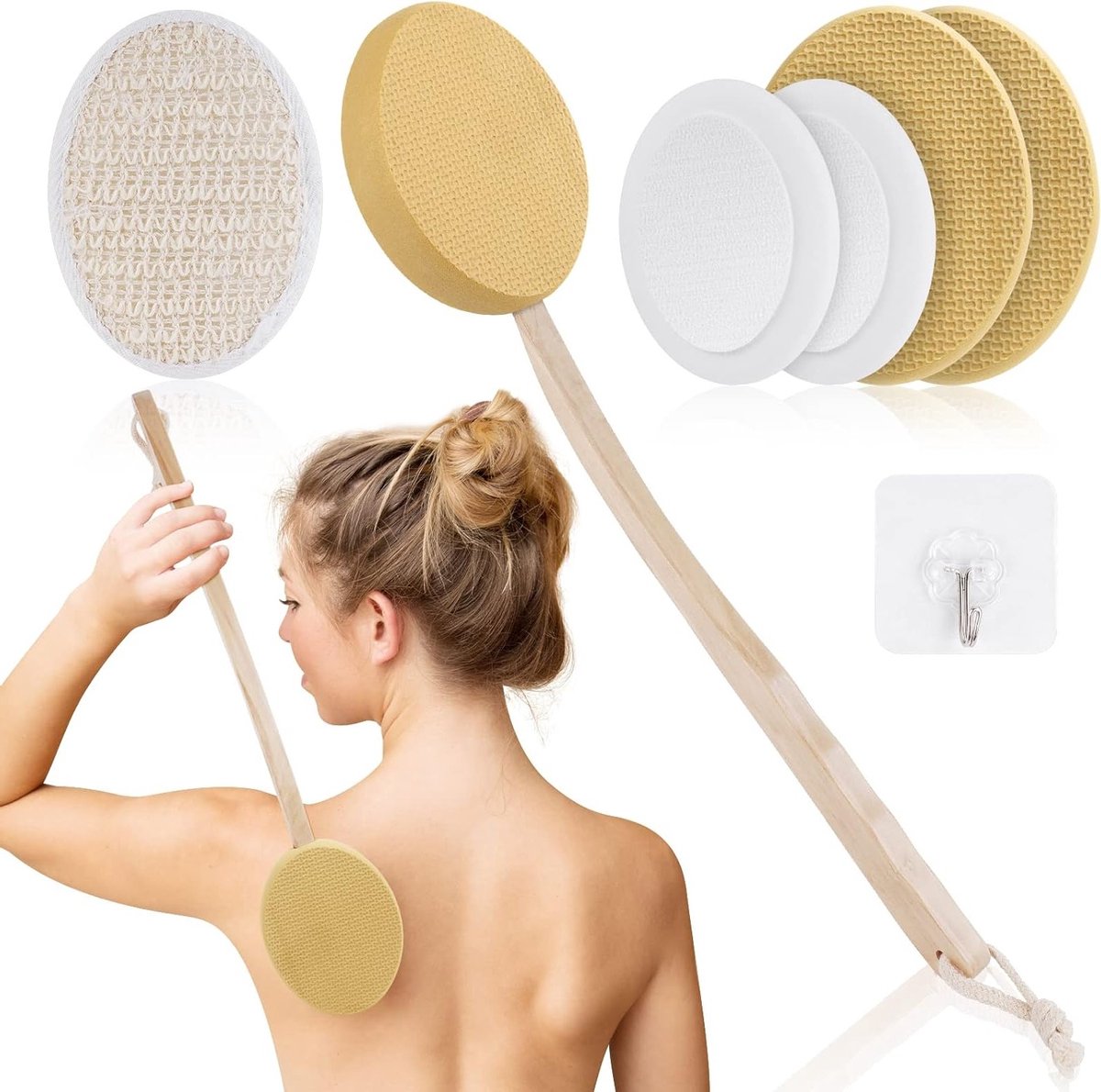 Zorg voor een gemakkelijke en hygiënische lotionapplicatie met deze 7-delige rugcrème applicator set, inclusief 2-in-1 lichaamsborstel en rugschrobber met lange houten handgreep en 4 vervangbare pads voor optimaal gebruik.