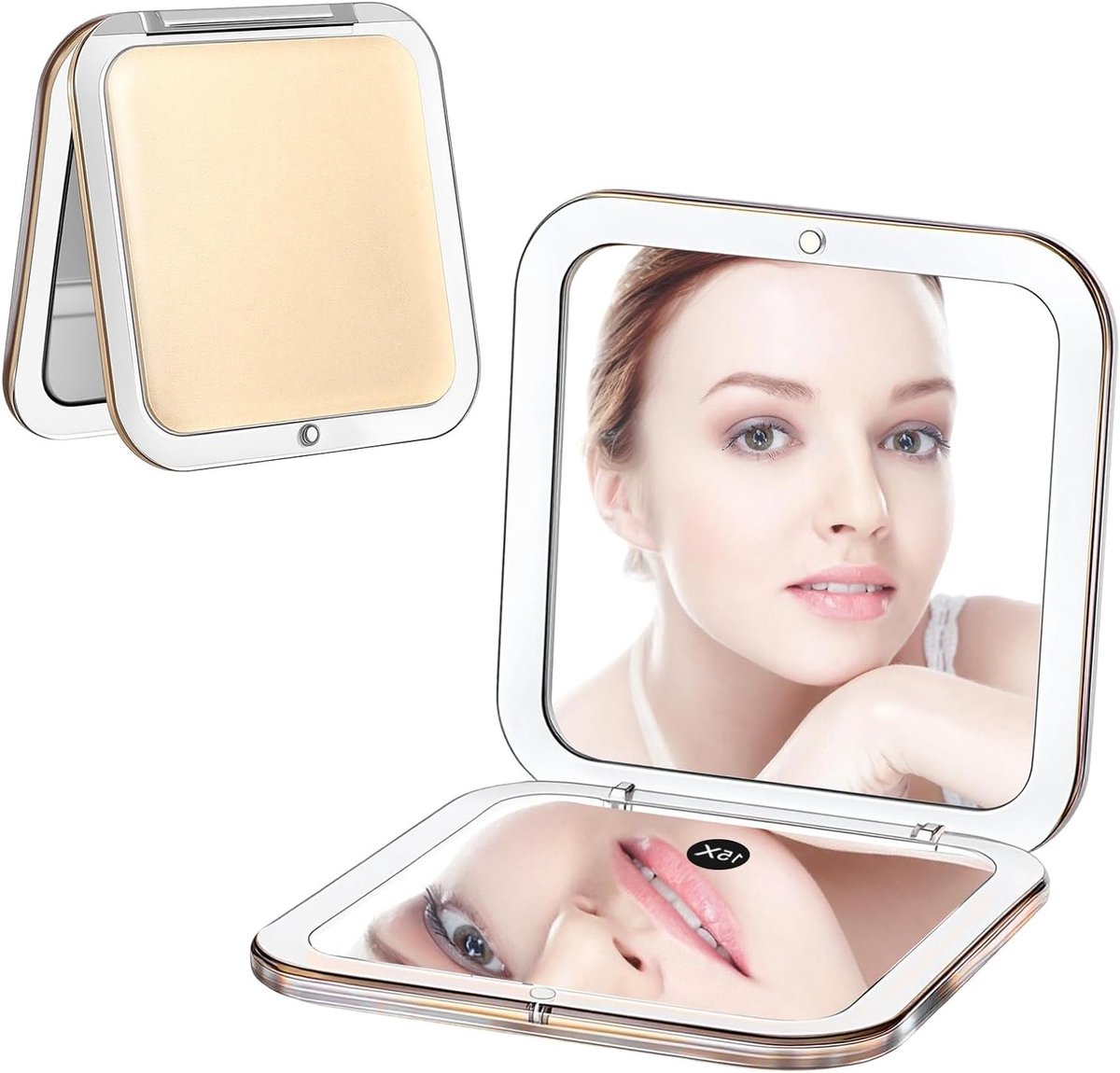Vouwbare Reismirror met 15x Vergroting, Compacte Dubbelzijdige Spiegels voor Make-up en Reizen, Mini Opvouwbare Spiegels in Khaki