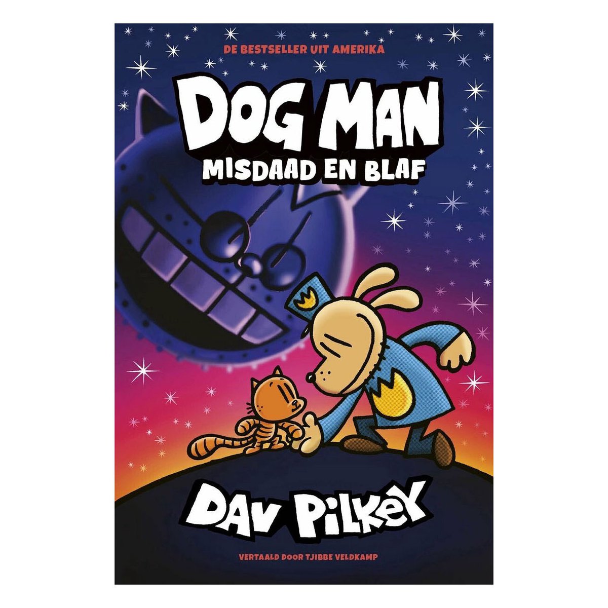 Boekomslag van Dog Man: Misdaad en blaf. Dog Man knielt voor Li'l Petey, met een grote robotkat op de achtergrond.