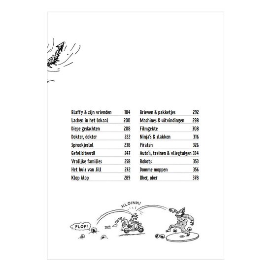 Lijst met onderwerpen en paginanummers uit het moppenboek met kleine tekeningen van dieren.