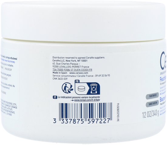 Witte CeraVe pot met Franse en Duitse tekst. Barcode en 340g.