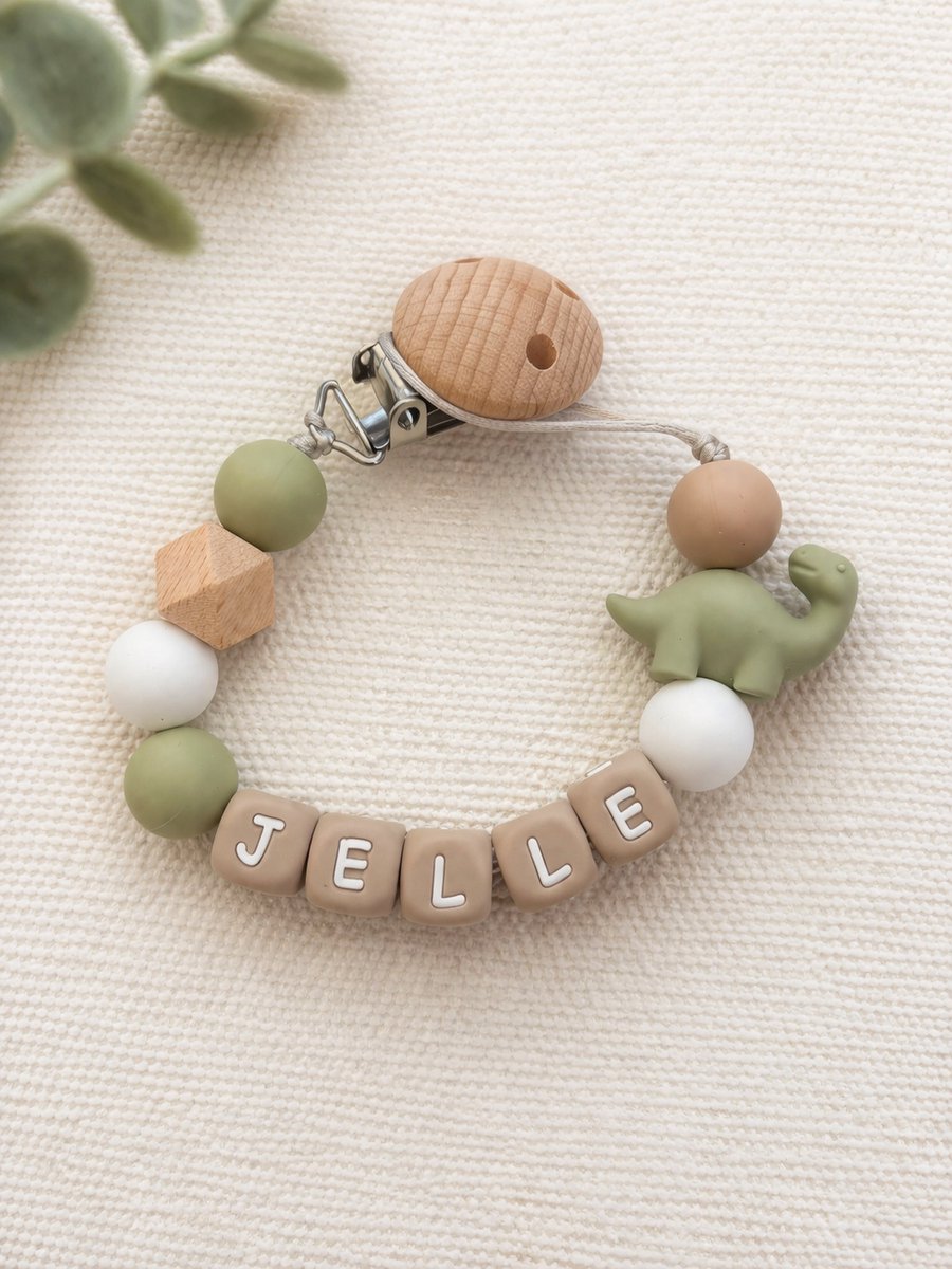 Gepersonaliseerd speenkoord met naam | beige en wit met dino |verzending binnen 24h | baby | kraamcadeau & geboortecadeau | speenketting