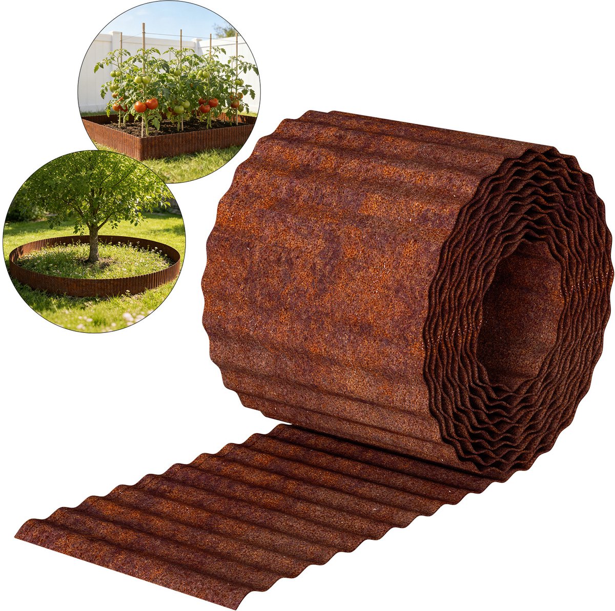 Metalen Tuinrand 15m x 15 cm, Gazonafboording van Gegalvaniseerd Staal, Flexibel en Roestbestendig, roestkleur