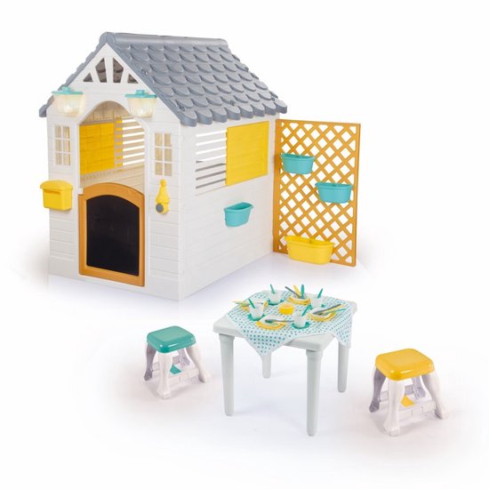 Dolu Tuin Speelhuis met Accessoires en Tafel en 2 Stoelen Wit/Grijs 140x127x107.5cm