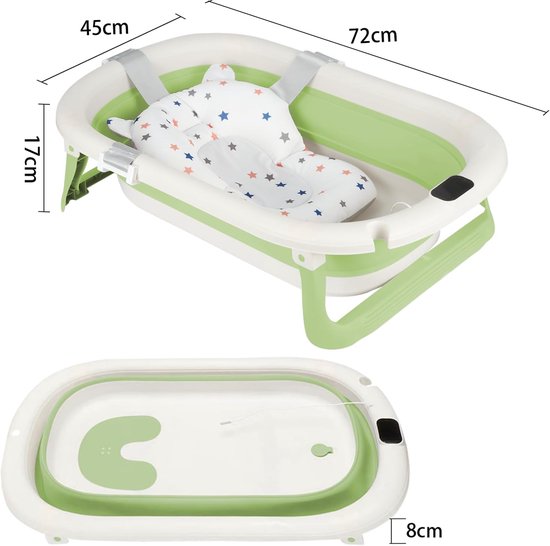 Opvouwbare badkuip voor baby's, met afvoerstop en temperatuurweergave en zitkussen, zeer compact, antislip voeten, B-43 x 71 x 18,5 cm (groen) — afbeelding 5