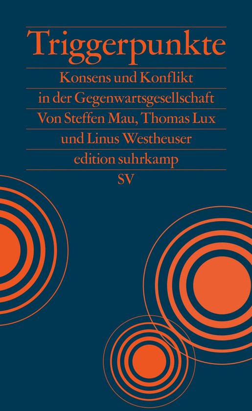 Boekomslag "Triggerpunkte. Konsens und Konflikt in der Gegenwartsgesellschaft" door Steffen Mau, Thomas Lux en Linus Westheuser. Donkerblauwe kaft met oranje cirkels en tekst.