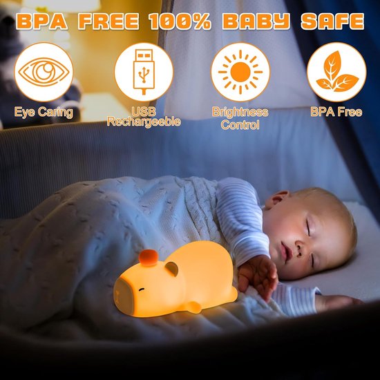 Capybara Nachtlampje - Draagbare Bedlamp - Kinderslaap Verlichten - Zacht Siliconen Materiaal - 1200 mAh Batterij - Wit — afbeelding 4