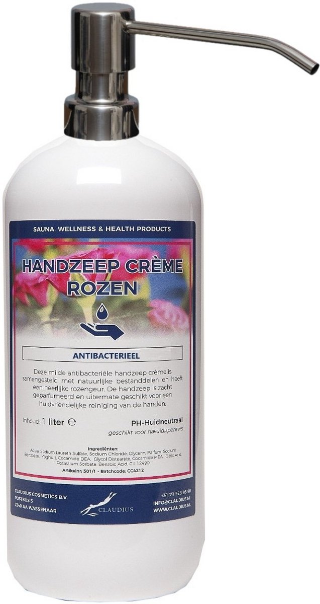 Handzeep Crème Rozen 1 liter - met gratis RVS zilverkleurige pomp
