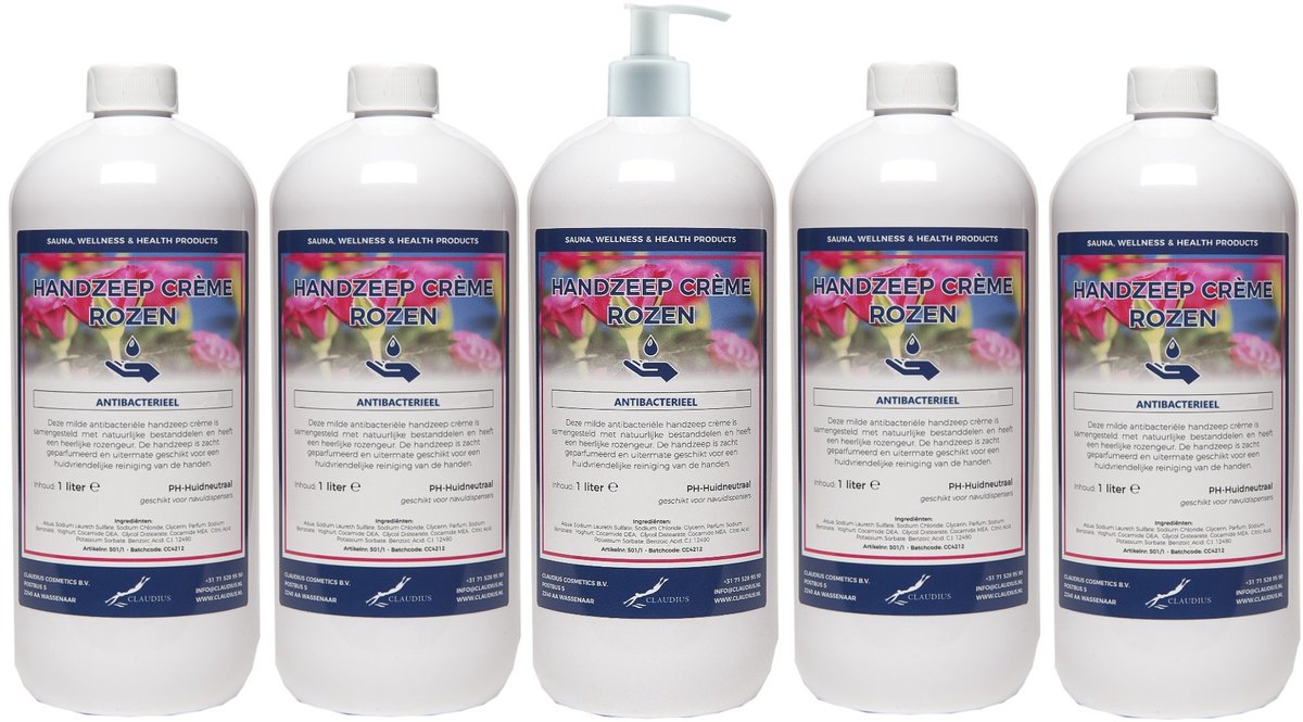 Handzeep Crème Rozen 1 liter - set van 5 stuks - met gratis pomp - Voordeelverpakking