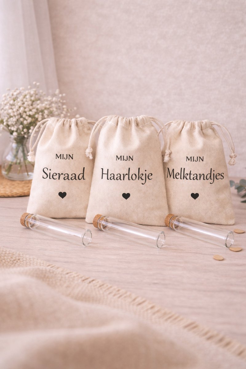 Bewaarzakjes set: Melktandjes, haarlokje en sieraad - cadeau voor babyshower of kraamcadeau