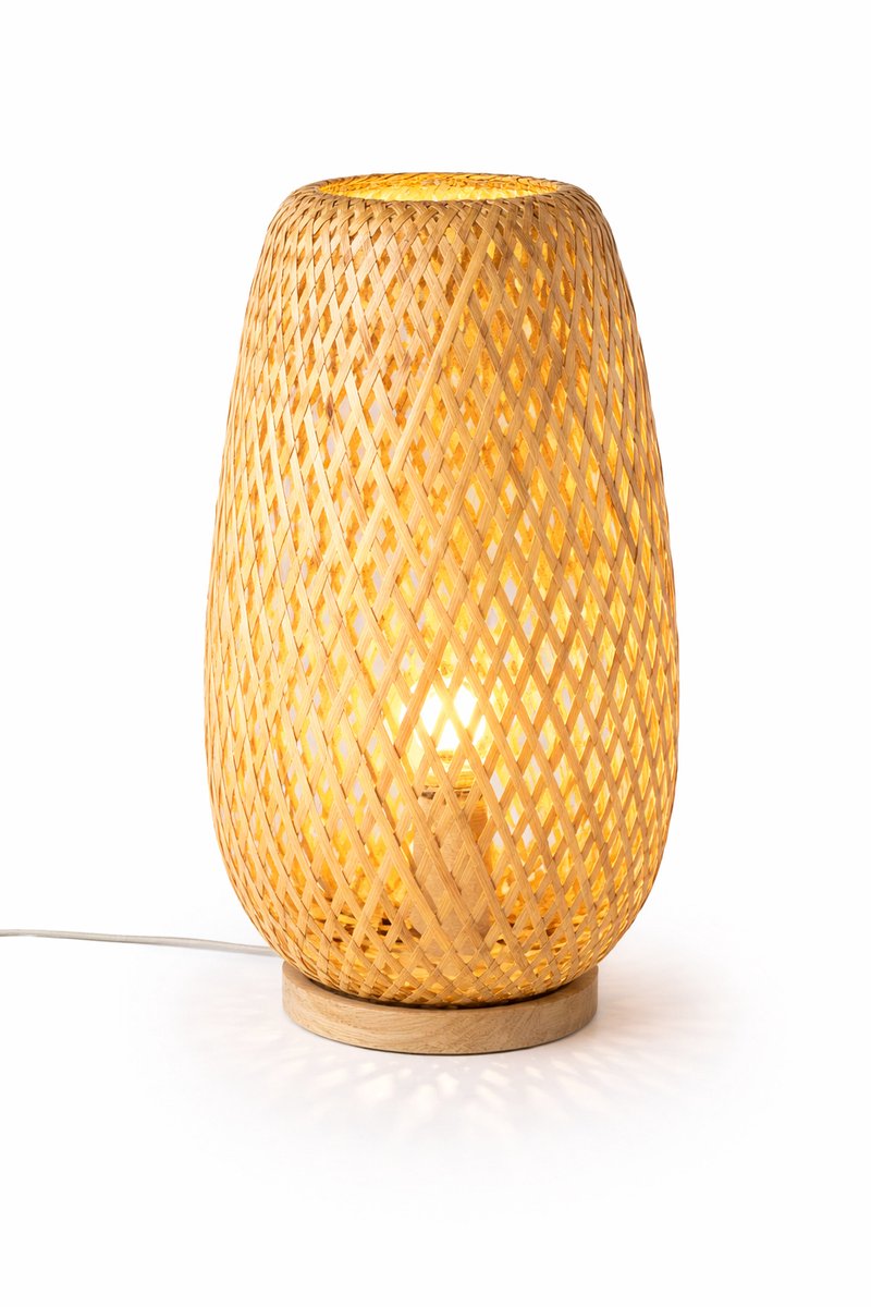 Bamboe Tafellamp met Lichtspel – Da Lat Glow Shade – Handgemaakt – 40 cm – Incl. snoer en fitting – Sfeerlamp Boho / Japandi