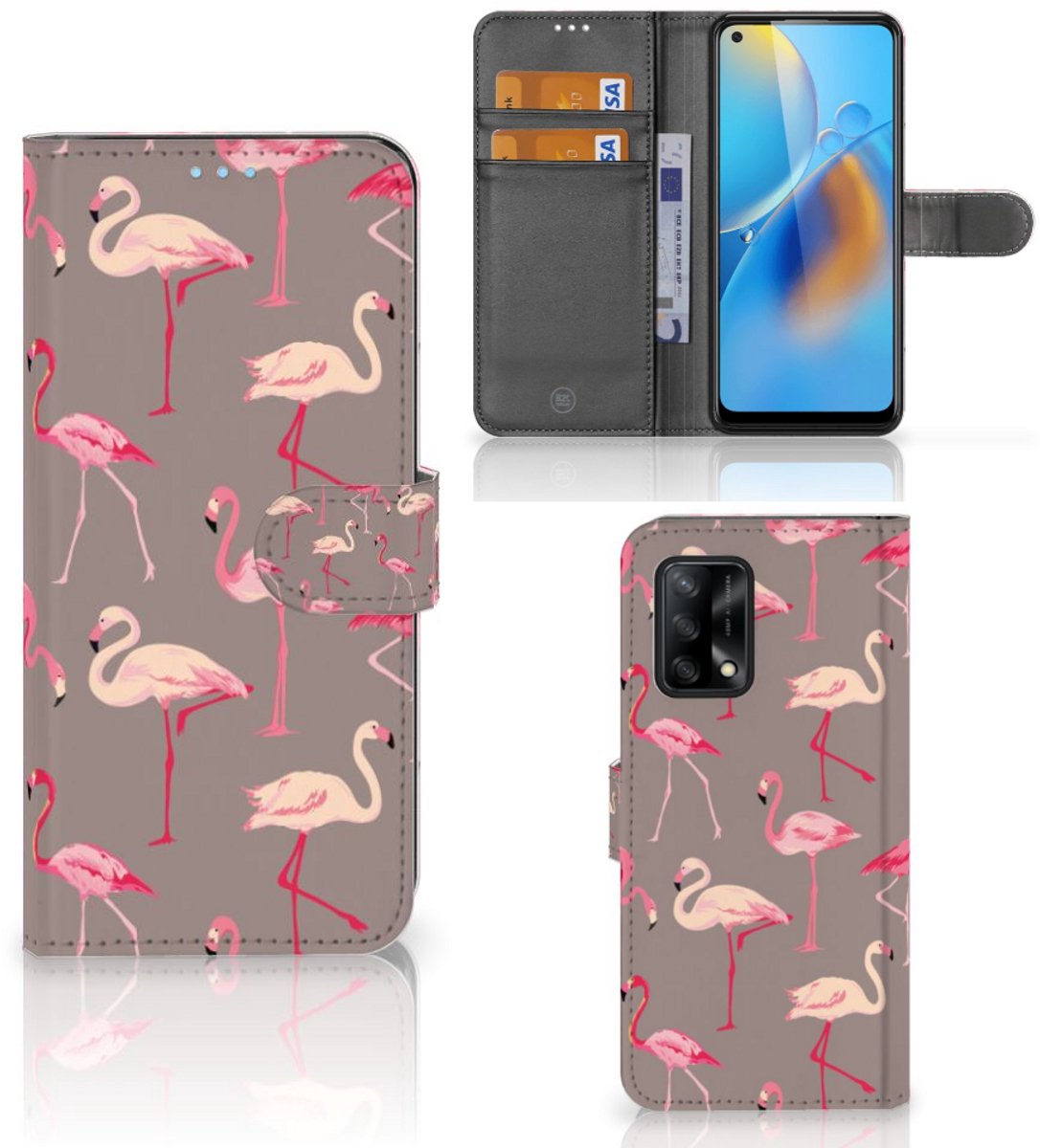 Book Case voor OPPO A74 4G Telefoonhoesje met Pasjes Flamingo