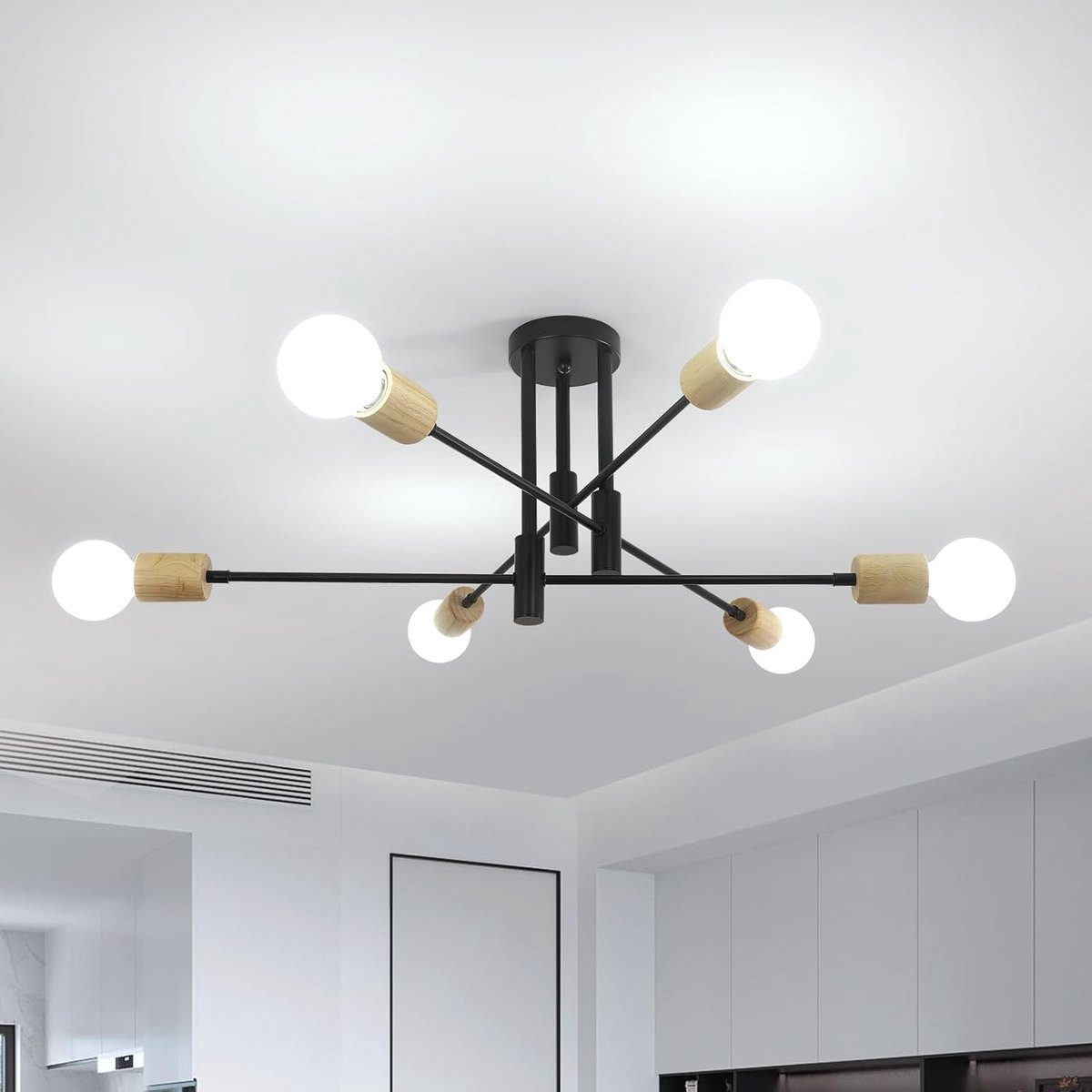 Haobosic Moderne Boon - IJzeren Plafonnier - Zwart + Hout 76x76x32cm - 6-armig E27 - Europees