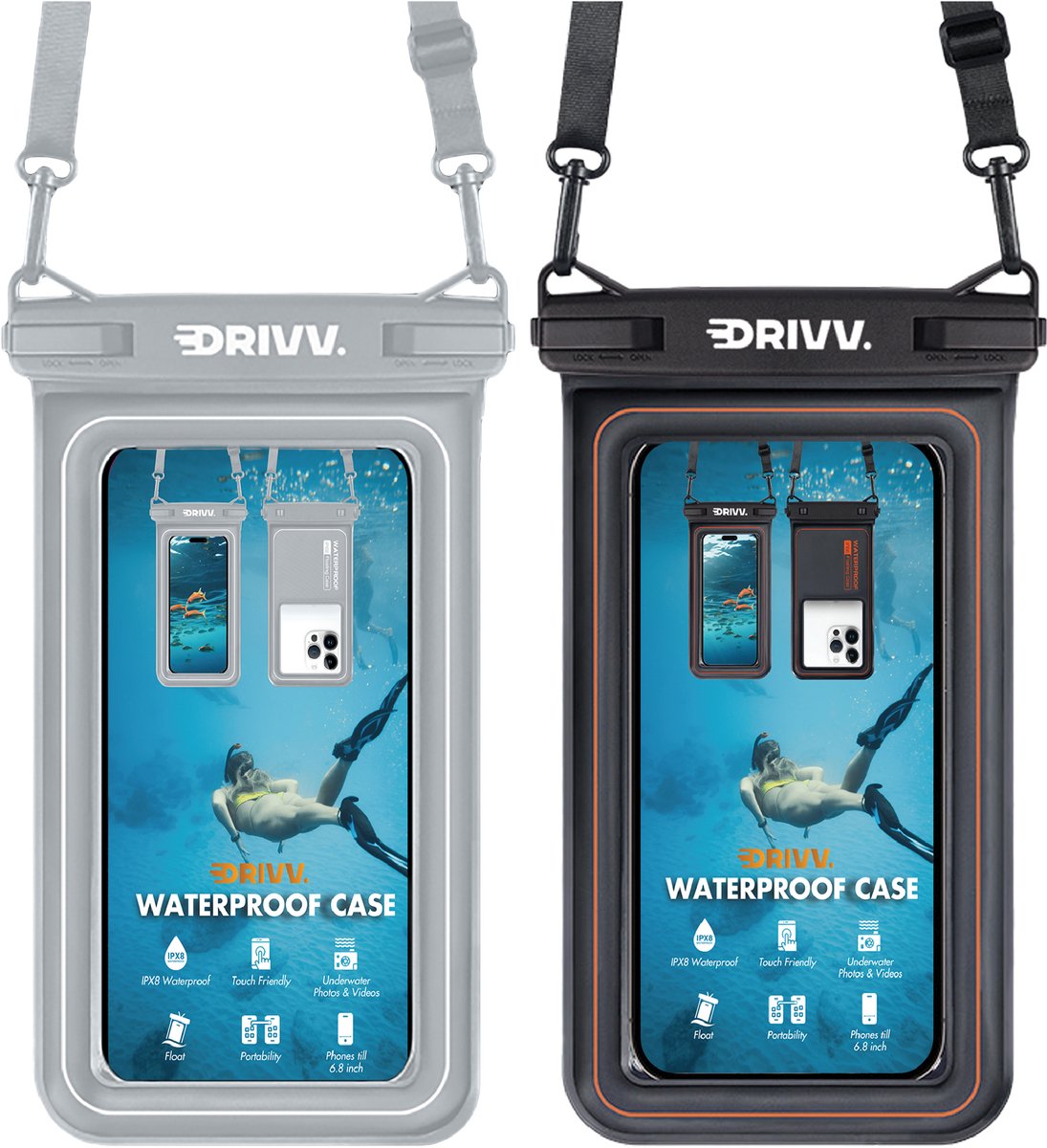 Drivv. Luxe Waterdicht Telefoonhoesje - Set van 2 – Drijvend - Dubbele Klipsluiting - Telefoons tot 6.8 inch – Onderwater Hoesje Telefoon - Zwart & Grijs